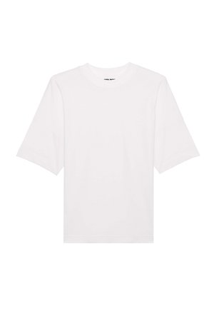 Camiseta blanca de manga corta, con cuello redondo y ajuste holgado, hecha de una tela suave con una textura lisa. Sin patrones ni gráficos.
