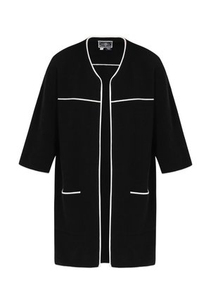 Black short-sleeve cardigan with a relaxed fit, featuring white piping along the edges and two front pockets. Smooth fabric texture.