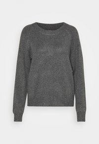 Pull en tricot gris avec un col rond, des manches longues et des poignets côtelés. La texture est douce, avec un motif chiné subtil.