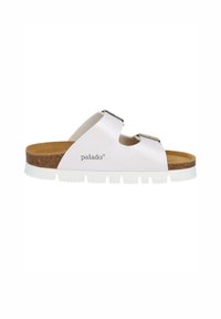 Weiße Open-Toe-Sandalen mit zwei verstellbaren Schnallen, Korkfußbett und weißer Gummisohle mit strukturiertem Profildesign.
