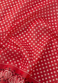 Tissu rouge avec des pois blancs, présentant une bordure décorative avec des motifs floraux en noir. Texture lisse, conception légère.