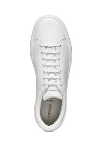 Sneaker bianco con una tomaia in pelle liscia, punta rotonda, lacci piatti e un interno testurizzato. Presenta un logo dorato sulla soletta.