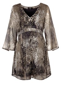 Robe métallique en or et noir avec un décolleté en V, des manches trois-quarts, un col orné et un motif texturé de peau de serpent.