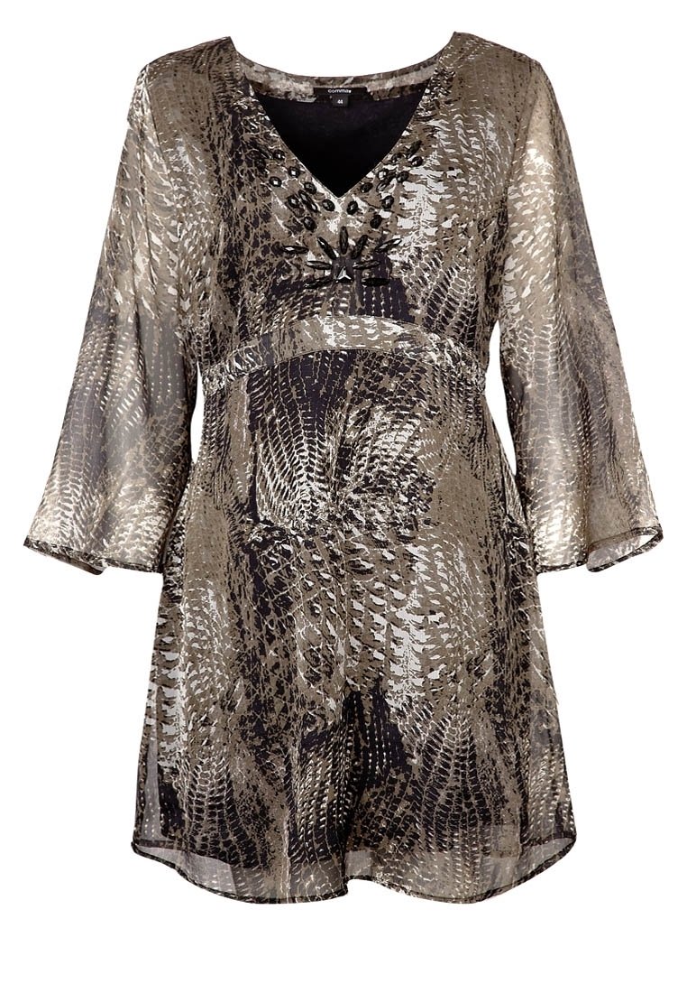 Robe métallique en or et noir avec un décolleté en V, des manches trois-quarts, un col orné et un motif texturé de peau de serpent.