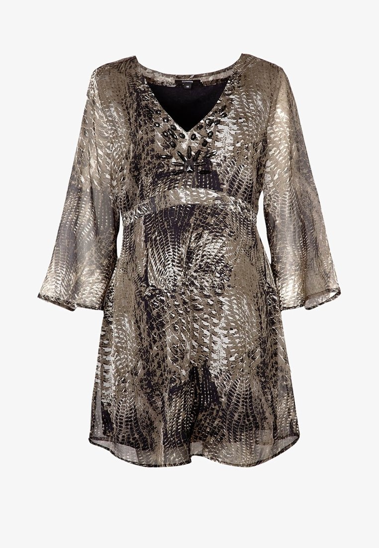 Robe métallique en or et noir avec un décolleté en V, des manches trois-quarts, un col orné et un motif texturé de peau de serpent.