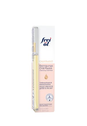 Frei Öl Cleansing Oil & Mask for face, eyes, and lips, 100 ml, with deep and gentle skin care, packaged in clear and white box.