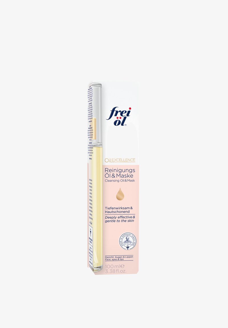 Frei Öl Cleansing Oil & Mask for face, eyes, and lips, 100 ml, with deep and gentle skin care, packaged in clear and white box.
