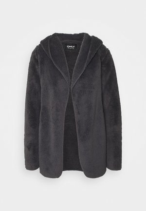 Mørkegrå blød fleecejakke med hætte, lange ærmer og åben front, mærket "ONLY" på indersiden af kraven.