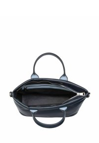 Marineblaue Lederhandtasche mit zwei Griffen, oberem Reißverschluss und einem hellblauen Innenraum. Verfügt über eine Reißverschlusstasche und ein weiches Stofffutter.