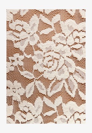 White floral lace fabric featuring intricate rose and leaf patterns, with a fine mesh texture and a soft, delicate appearance.