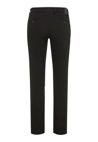 Pantaloni neri con taglio dritto, dotati di due tasche posteriori con bottoni e una texture liscia. Senza motivi o loghi visibili.