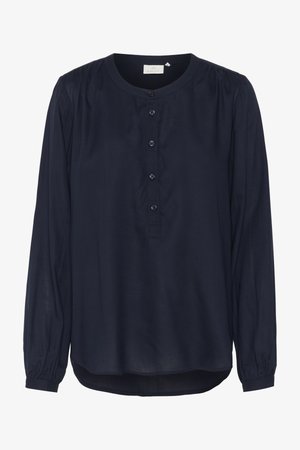 Dunkelbluse langärmlig mit Rundhalsausschnitt, Knopfleiste und gerafften Schulternähten. Weicher Stoff mit einem leicht strukturierten Finish.