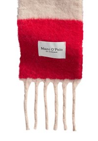 Wool scarf with pink and red sections. Features a label with "Marc O'Polo" logo. Finished with fringed ends in a soft beige texture.