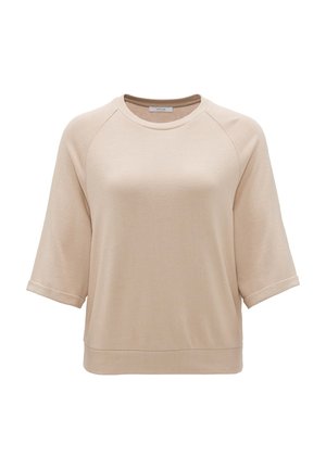 Sweatshirt beige avec un col rond, des manches raglan et une coupe décontractée. Fabriqué en matériau doux avec une texture lisse et des poignets retroussés.
