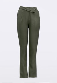 Olive green trousers made of smooth fabric, featuring a high waist with a tied belt, flat front, and straight-leg design.