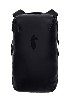 Black rectangular backpack with padded shoulder straps and a subtle llama logo on the front center.