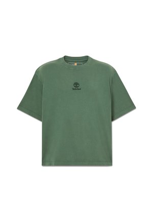Green short-sleeve crewneck T-shirt with black Timberland tree logo and text centered on the chest.