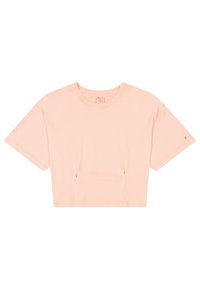 Afskåret t-shirt i blød ferskenfarvet bomuld med rund halsudskæring og korte ærmer. Har subtile samlinger foran og logo på ærmet.