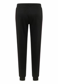 Zwarte sportbroek met een zachte textuur, voorzien van een elastische tailleband, strakke boorden en contrasterende zijstrepen.