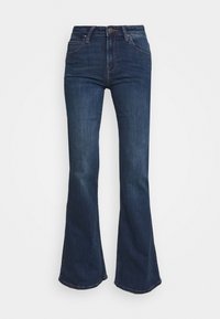 Tmavě modré rozšířené džíny s vysokým pasem, pěti kapsami a prošívanými detaily podél švů. Vyrobeno z denimové látky.