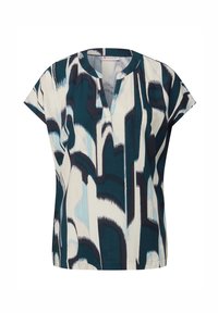 Short-sleeve blouse in light fabric featuring a blue and cream abstract pattern, with a notch neckline and relaxed fit.