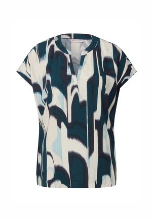 Blusa a maniche corte in tessuto leggero con un motivo astratto blu e crema, dotata di scollatura a V e vestibilità comoda.