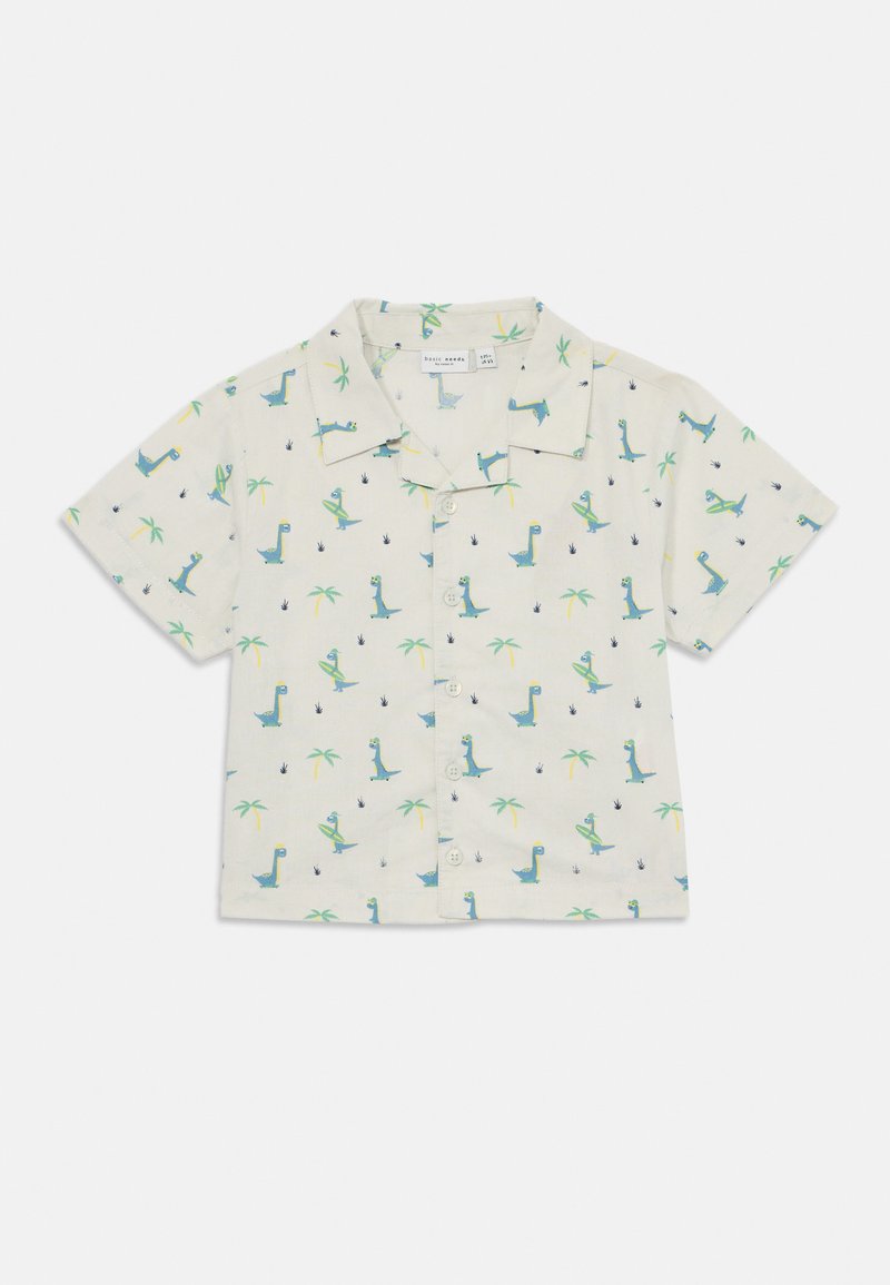 Īsām piedurkņu pogājama krekls gaiši bežā audumā ar dinozauru un palmu rakstu zaļā un zilā krāsā. Ar klasisku apkakli un priekšējām pogām.