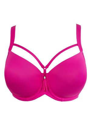Bright pink bra with molded cups, double shoulder straps, and a small tassel detail at the center front.