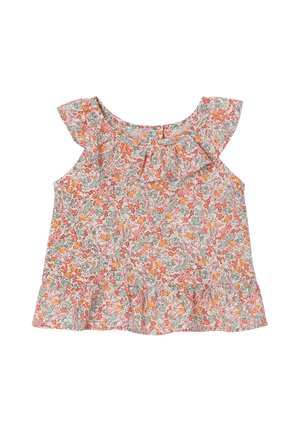 Ärmelloses Kleindkind-Top mit gerafftem Kragen und Saum, mit pinkem, orangem und grauem Blumenmuster auf hellem Stoff.