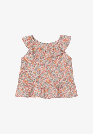 Ärmelloses Kleindkind-Top mit gerafftem Kragen und Saum, mit pinkem, orangem und grauem Blumenmuster auf hellem Stoff.