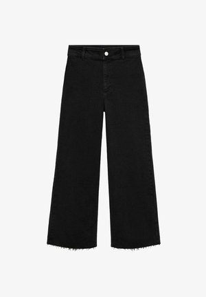 Black wide-leg jeans made of denim. Features a frayed hem, standard five-pocket design, and a front button closure.