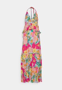 Vestido maxi floral con cuello halter, con flores rosas, amarillas y verdes sobre un fondo gris claro. Con dobladillo rizado y diseño en capas.