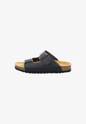 Schwarze Sandalen mit offenem Zehenbereich, zwei verstellbaren Schnallenriemen, Korkfußbett und strukturiertem schwarzen Fußbett, seitlich auf weißem Hintergrund dargestellt.