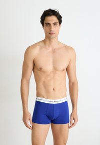Boxers en coton bleu avec une ceinture élastique blanche portant le nom de la marque "TOMMY HILFIGER" imprimé en rouge. Texture lisse, design ajusté.