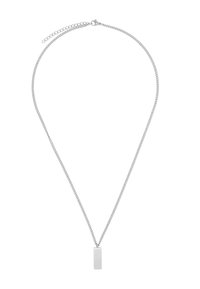 Zilveren ketting met een slank rechthoekig hanger. De ketting heeft een kreeftsluiting en een verstelbare lengte. Gladde metaaltextuur.