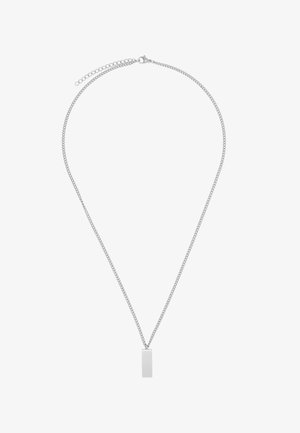 Zilveren ketting met een slank rechthoekig hanger. De ketting heeft een kreeftsluiting en een verstelbare lengte. Gladde metaaltextuur.