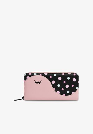 Pink and black wallet with a wavy design; features polka dots in pink and light blue; smooth texture and zip closure. Embossed logo detail.
