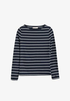 Chemise à manches longues bleu marine avec des rayures blanches horizontales, col rond et petite étiquette logo sur le poignet de la manche gauche.