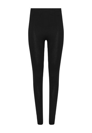 Leggings negros de talle alto sin costuras, con un ajuste delgado de longitud completa y textura suave, mostrados sobre un fondo blanco liso.
