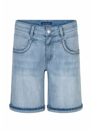 Lichtblauwe denim shorts met opgerolde zoom, knoopsluiting aan de voorkant, riemlussen en twee voorzakken.