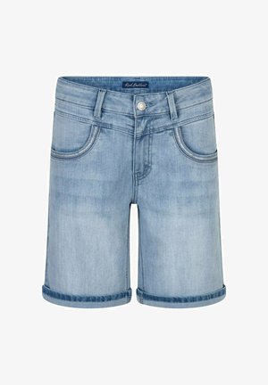 Lichtblauwe denim shorts met opgerolde zoom, knoopsluiting aan de voorkant, riemlussen en twee voorzakken.