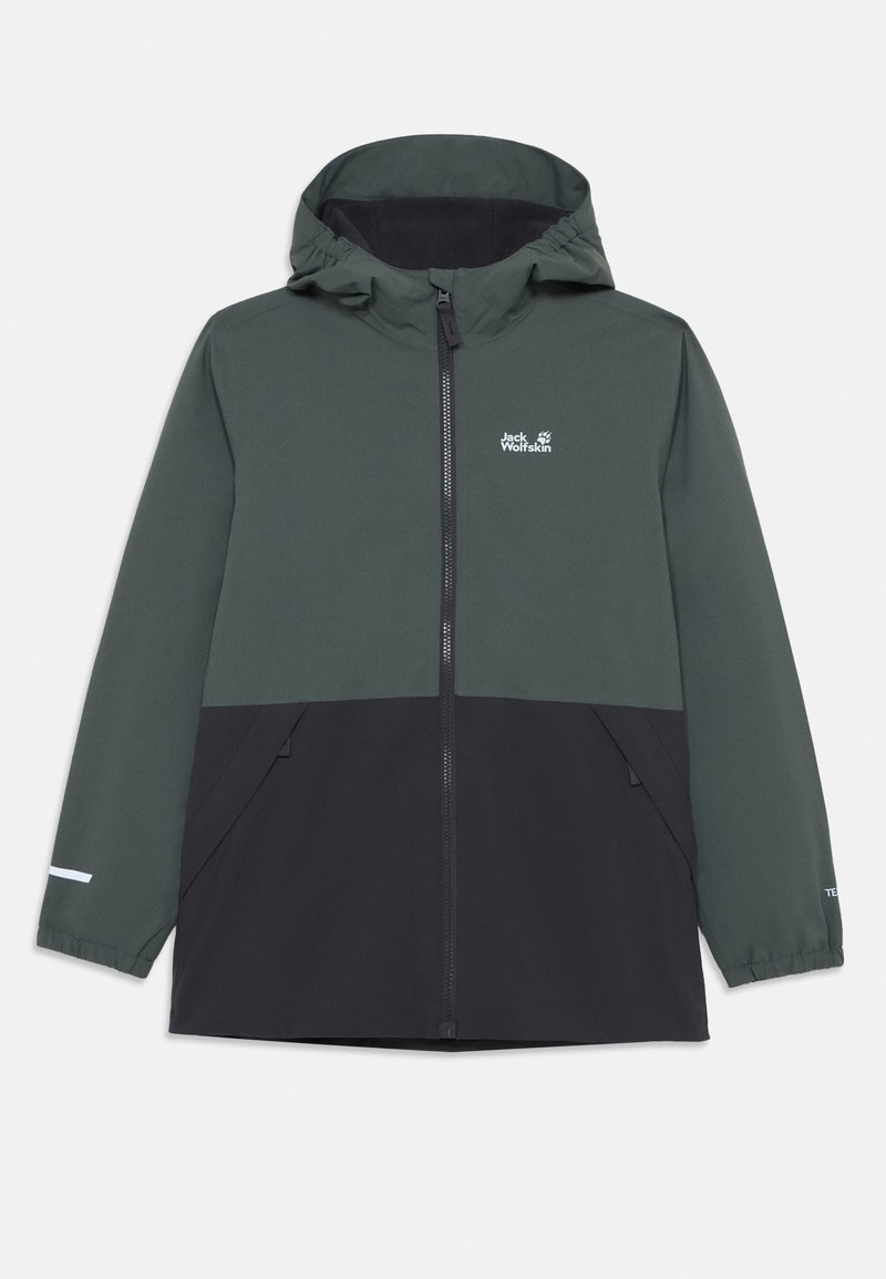Hooded jacket with a two-tone design, featuring a dark green upper and black lower section. Front zip closure, elastic cuffs, and logo detail.