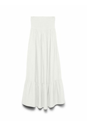 Valge rihmadeta maksikleit, millel on soonikkoeline ülakeha ja voltidega seelik, millel on rööpitud alläär.