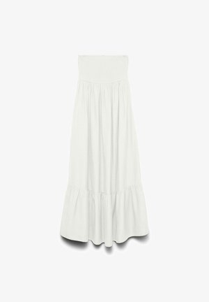 Valge rihmadeta maksikleit, millel on soonikkoeline ülakeha ja voltidega seelik, millel on rööpitud alläär.