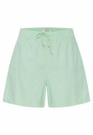 Light green linen shorts with an elastic waistband and drawstring, featuring a smooth texture and straight leg design.