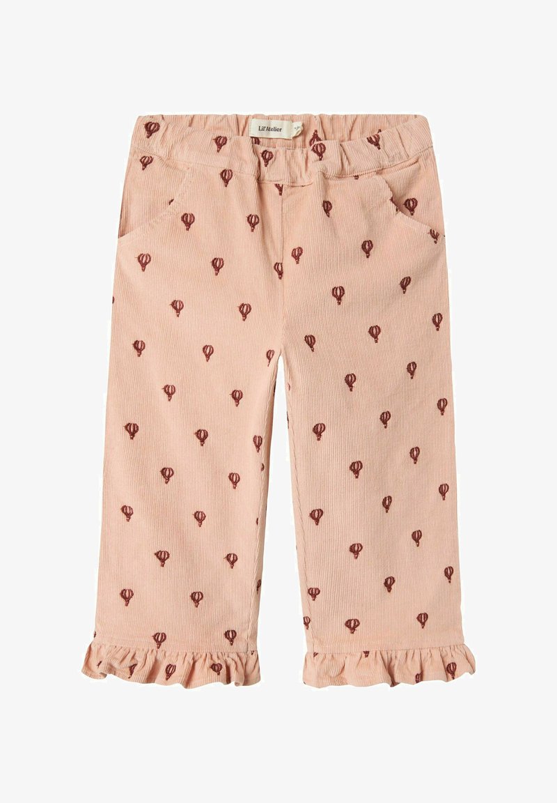 Roza kordurojska hlače z nabranim robom, ki vključujejo ponavljajoč se vzorec rdečih balonov na vroč zrak in dve sprednji žep. Elastični pas za udobje.