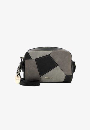 Borsa a tracolla geometrica in suede e pelle grigia e nera. Presenta pannelli multicolore, chiusura con zip e una tracolla staccabile.