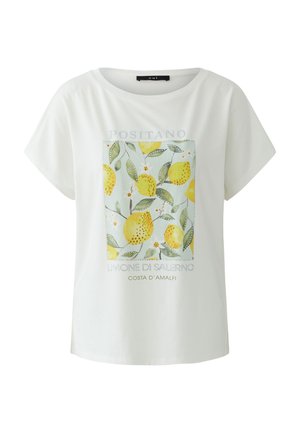 T-shirt blanc à manches courtes avec col rond, imprimé aquarelle d'une branche de citronnier et texte « Positano Limone di Salerno Costa d'Amalfi » sur le devant.