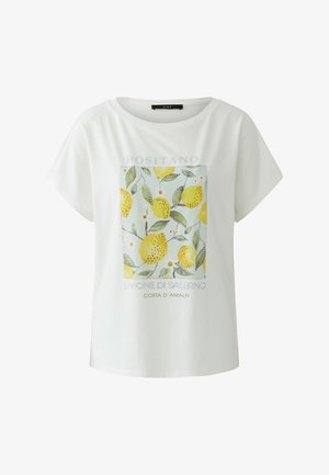Weißes T-Shirt mit kurzen Ärmeln und rundem Ausschnitt, Aquarelldruck eines Zitronenzweigs sowie dem Text "Positano Limone di Salerno Costa d'Amalfi" vorne.