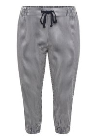 Pantalons courts rayés bleu marine et blanc, dotés d'une taille élastique avec cordon de serrage, de poignets resserrés et d'un matériau léger.